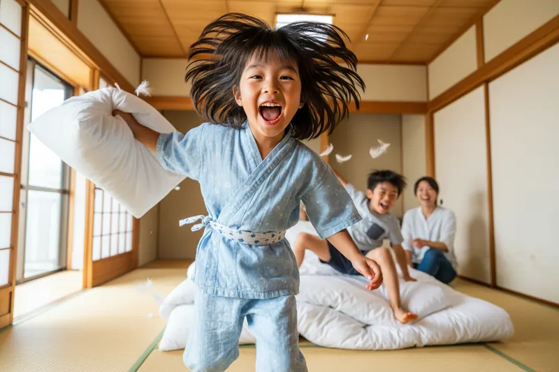 和室で枕投げをして笑う子どもたち