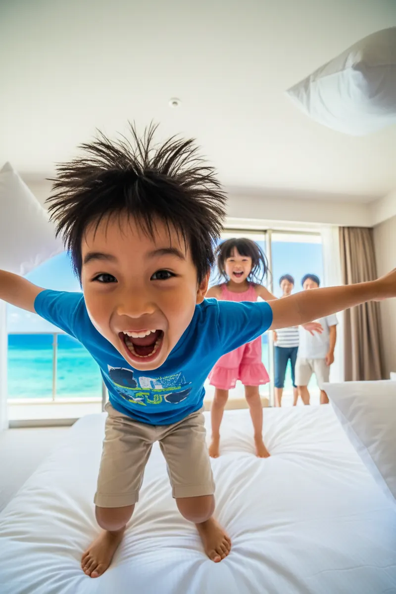 ホテルのベッドでジャンプして大はしゃぎする男の子
