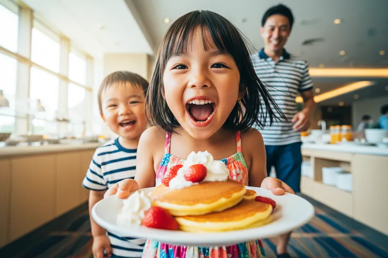 朝食ビュッフェのパンケーキに大喜びの女の子