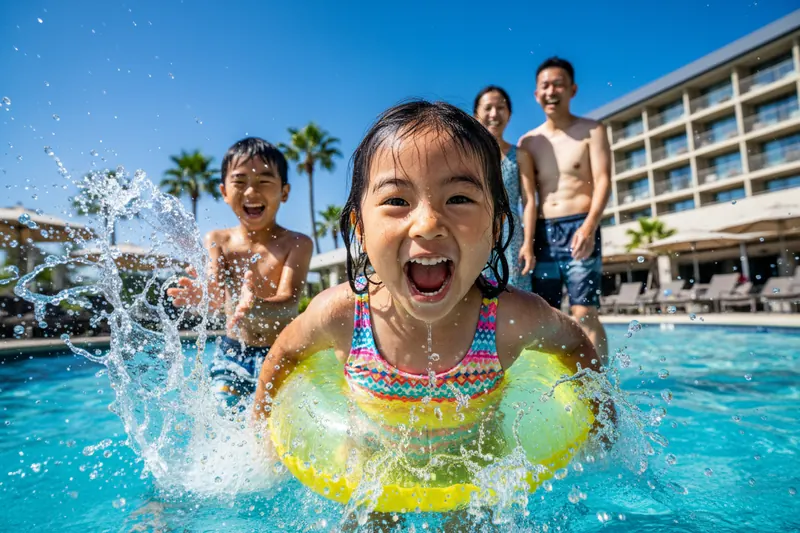 ホテルのプールで浮き輪ごと水しぶきを上げる女の子